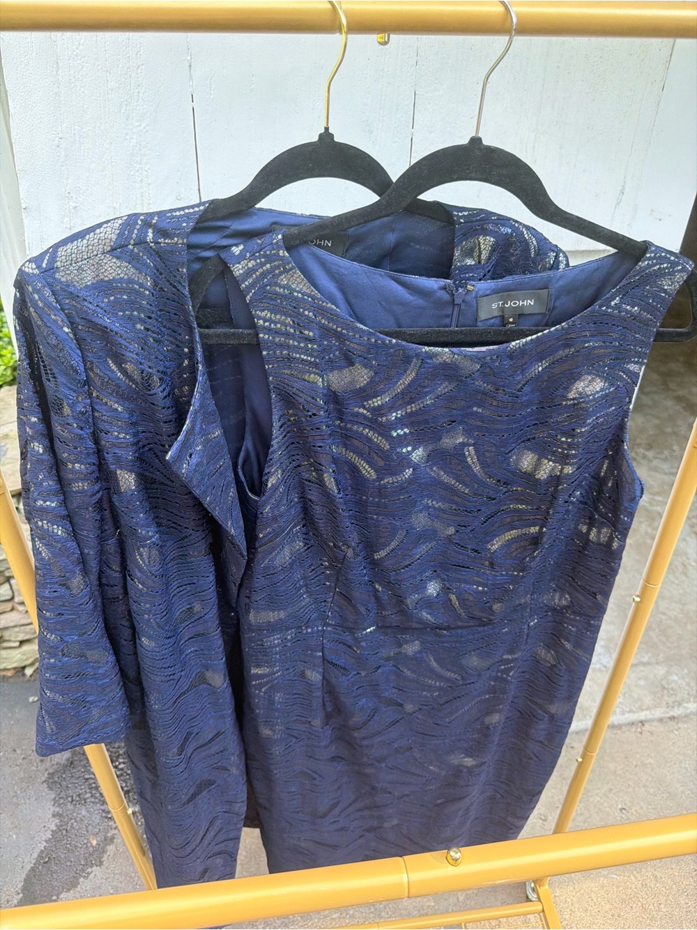 St. John Navy Blue Lace Overlay Sheath Dress with Matching Jacket